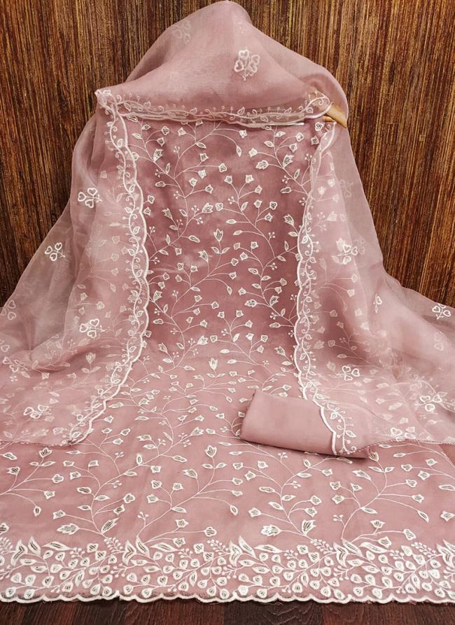 Organza Silk Peach Traditional Wear Sequins Work Dress Material